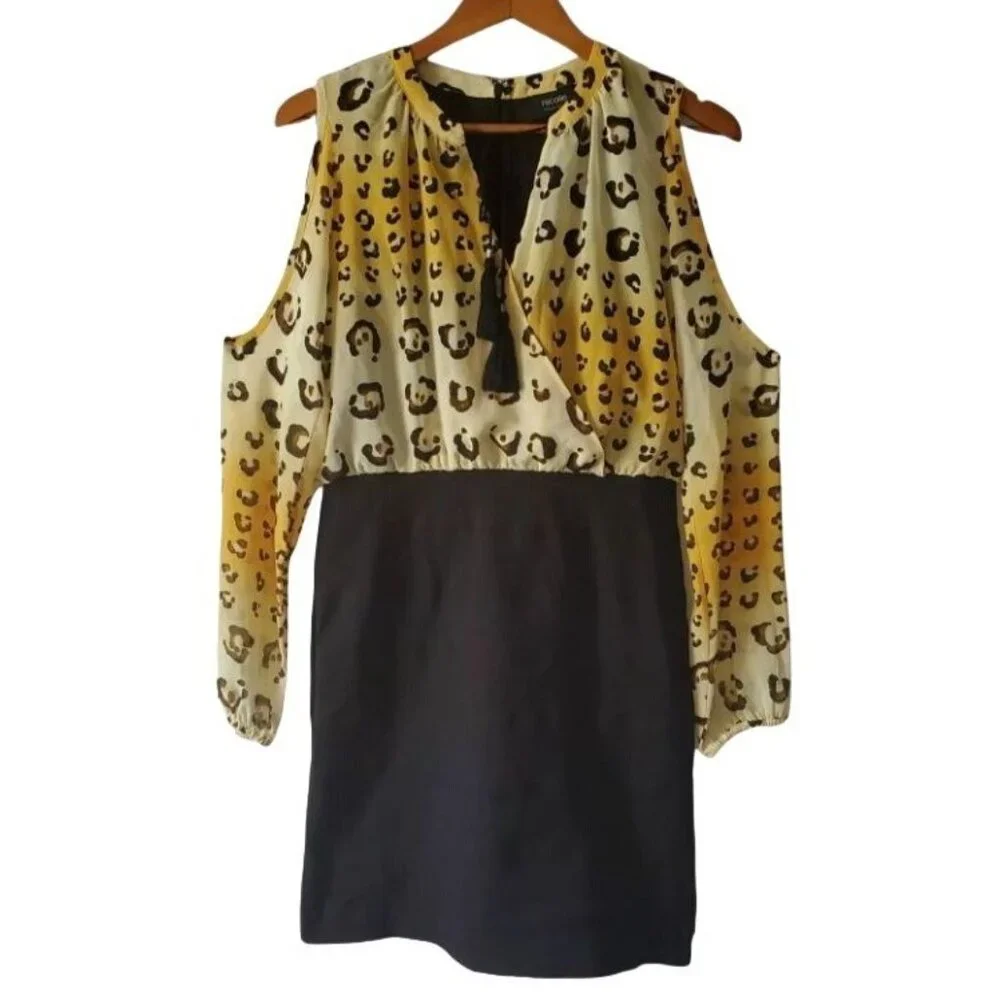 Nicole Miller Women's Leopard Print Top Black Bottom Cold Shoulder Dress Size 8 - Picture 2 of 13